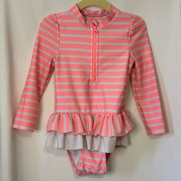 Cat & Jack Girls Striped Kids Swimwear long sleeve with ruffles. - Picture 1 of 4